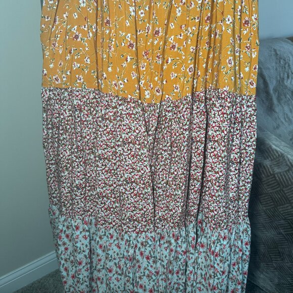 Natural Life Boho Floral Maxi Skirt Size XL Tiered Flowy Elastic Gold Red Beach - Picture 13 of 15